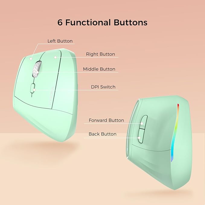 KYSONA 57° Wireless Ergonomic Mouse, Vertical Mouse, Carpal Tunnel Mouse, RGB Light, Rechargeable, Bluetooth & 2.4G, 5-Level DPI Adjustment, Quiet Click Ergo Mice Compatible with PC/Laptop/Mac, Green