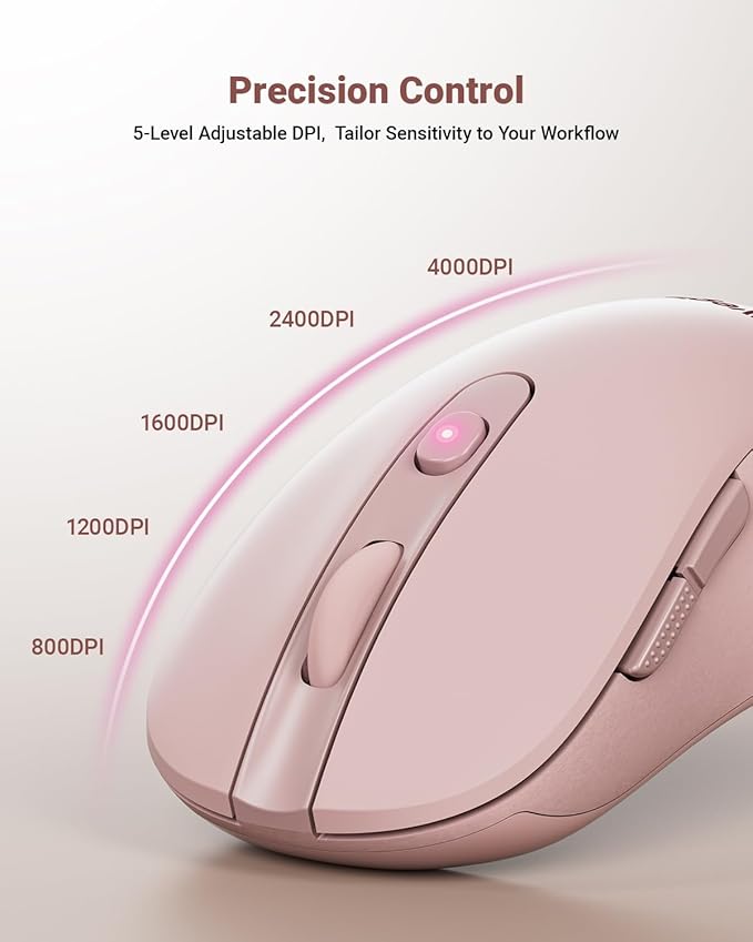 USB Wireless Mouse for Laptop PC Mac, 2.4GHz Cordless Mouse with 6 Buttons, 5-Level Adjustable 4000 DPI, Ergonomic Portable Optical Computer Mice, 24-Month Battery Life-Pink