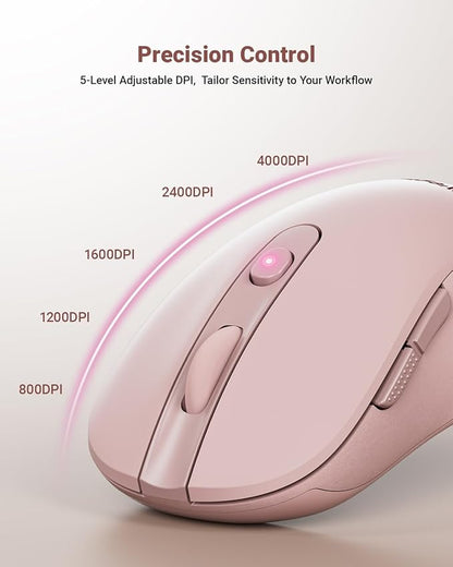 USB Wireless Mouse for Laptop PC Mac, 2.4GHz Cordless Mouse with 6 Buttons, 5-Level Adjustable 4000 DPI, Ergonomic Portable Optical Computer Mice, 24-Month Battery Life-Pink