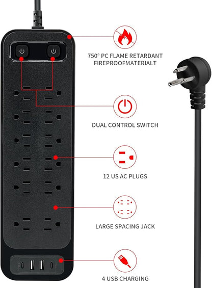 10FT Power Strip with USB Ports Extension Cord, 12 Outlets and 2 USB & 2 USB-C Port(5V 3.1A),Bold Extension Cord with Fuse Surge Protected Flat Plug Power Strip for Home Office (Black)