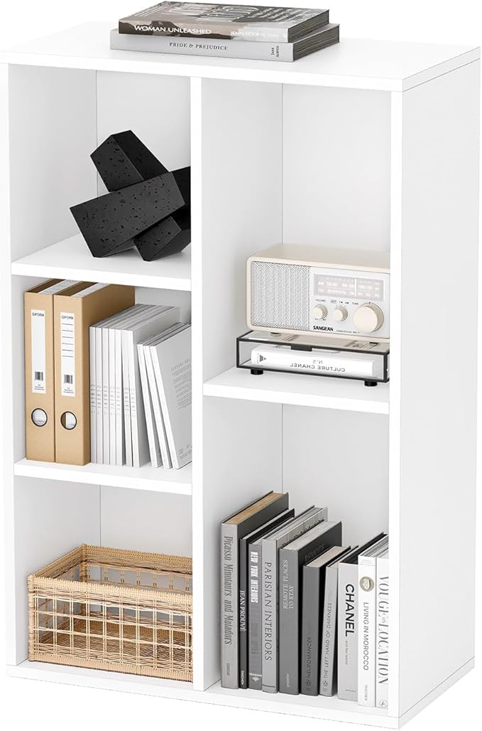 MXV 5-Cube Bookshelf, Wooden Cube Organizer and Display Shelf with Storage, Stackable Bookcase for Small Space, White Cube Shelf Easy to Match for Living Room, Bedroom and Office