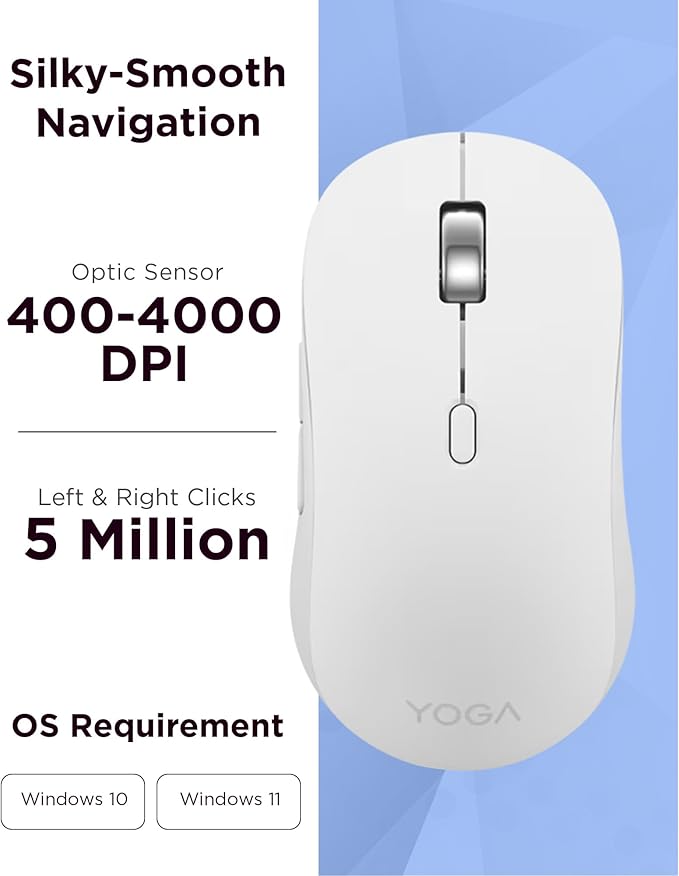 Lenovo Yoga Bluetooth Silent Mouse, 3 Level DPI Adjustment, 36 Month Battery Life, Bluetooth 5.3, 3 Device Paring, Whisper Quiet, Programmable Buttons, Smooth Finish, Seashell