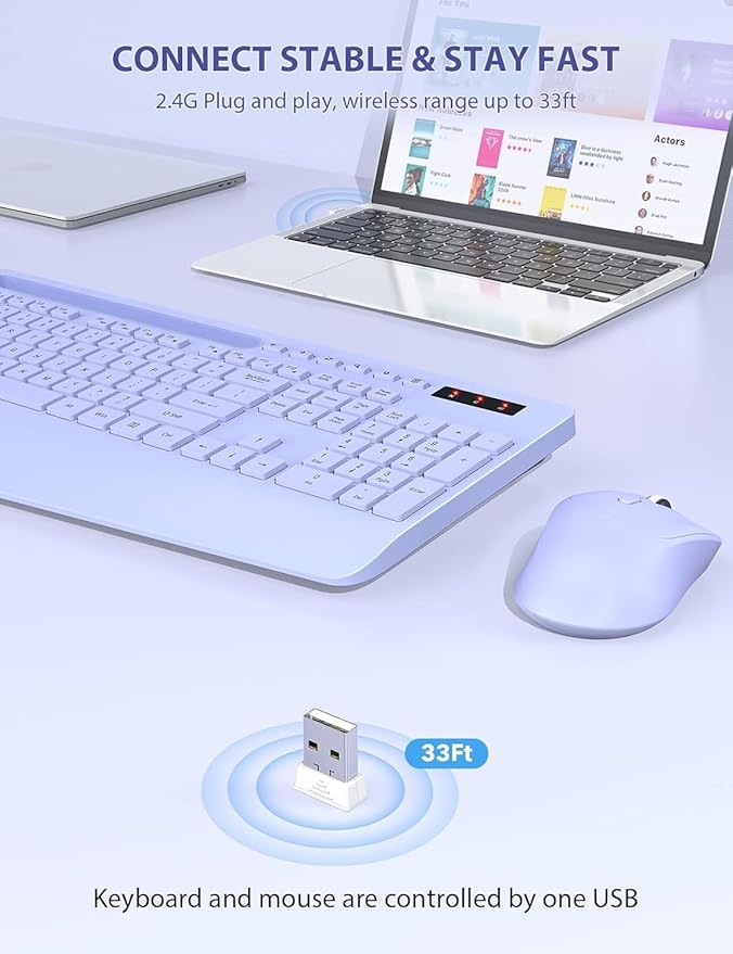 SABLUTE Wireless Keyboard and Mouse, Wrist Rest, Phone Holder, Batteries Included, 2.4G Lag-Free Ergonomic Keyboards Mouse Combo, Silent Keyboard Cordless Set for Computer, Laptop, PC, Windows, Purple