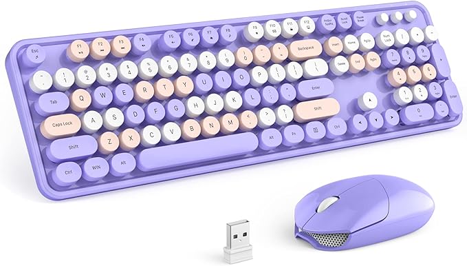 MOFII Wireless Keyboard and Mouse Combo,2.4GHz Retro Full-Size Keyboard with Number Pad and Cute Wireless Mouse for Computer PC Desktops Laptop WindowsxP/7/8/10 Purple Colorful