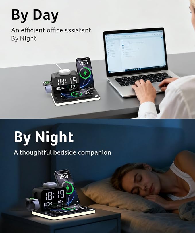 acer 7-in-1 Wireless Charging Station: Charger Stand for Multiple Devices for Apple - iPhone 16 15 14 13 12 Pro Max Apple Watch Airpods, Wireless Charger iPhone Charging Station with Bluetooth TimeSyn