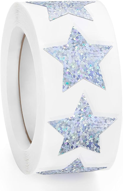 500 PCS Holographic Sparkly Silver Star Stickers, 1 inch Self Adhesive Metallic Glitter Foil Stickers Sparkly Star Sticker Reward Behavior Chart Labels for Kids Students Teachers Supplies