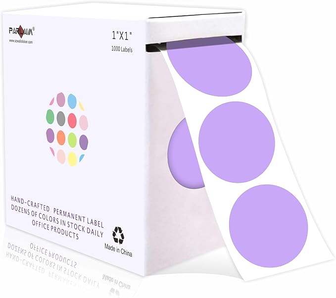 PARLAIM 1 Inch Round Label Permanent Color Code Dot Stickers, 1000 Labels per Roll (Lavender)