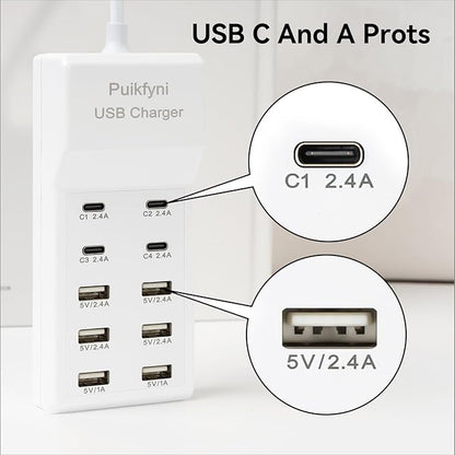Portable USB C Charging Station,USB-C 4-Ports, USB Charging hub 10-Ports/USB c Charger Block for Multiple Devices Phones Tablet Smartwatch Headphones Speakers (USB-4C+6A)