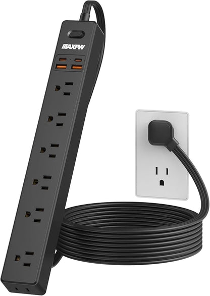 6 Ft Power Strip Surge Protector - 7 Outlets 4 USB Ports (2 USB C), Ultra Thin Flat Extension Cord & Flat Plug, 1700 Joules, Wall Mount, Desk Charging Station for Home Office Dorm, Black