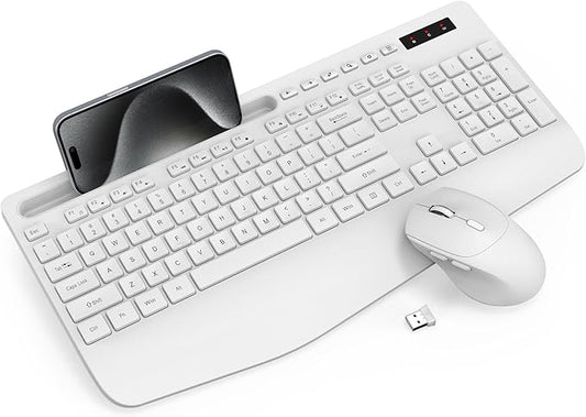 Wireless Keyboard and Mouse Combo - Full-Sized Ergonomic Keyboard with Wrist Rest, Phone Holder, Sleep Mode, Silent 2.4GHz Cordless Keyboard Mouse Set for PC, Laptop - Trueque (Pure White, 1 Pack)