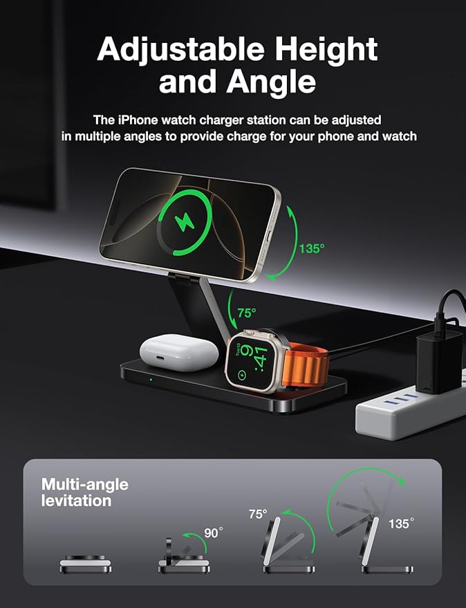 3 in 1 Charging Station for Apple/iPhone Apple Watch Charging Station/Magsafe with Wireless Charger Stand/iPhone Watch Charger Station/Wireless Charger for iPhone 16/15/14/13/12, Apple Watch, AirPods