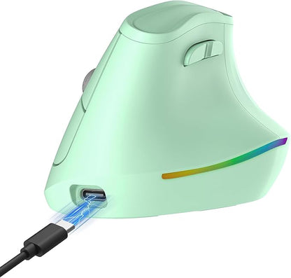 KYSONA 57° Wireless Ergonomic Mouse, Vertical Mouse, Carpal Tunnel Mouse, RGB Light, Rechargeable, Bluetooth & 2.4G, 5-Level DPI Adjustment, Quiet Click Ergo Mice Compatible with PC/Laptop/Mac, Green