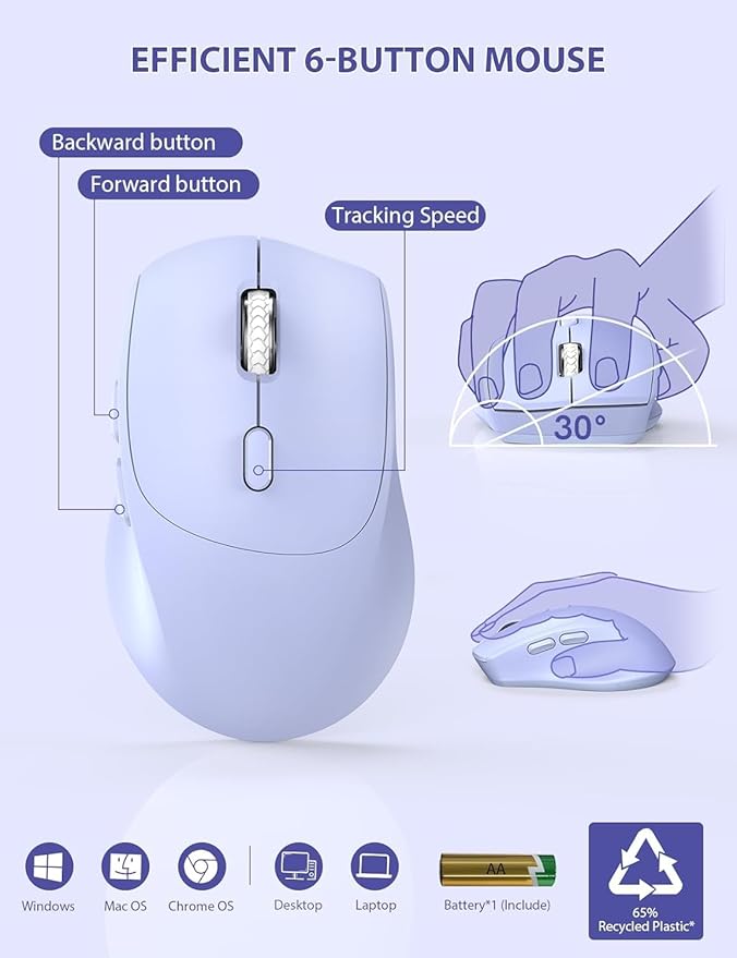 SABLUTE Wireless Keyboard and Mouse, Wrist Rest, Phone Holder, Batteries Included, 2.4G Lag-Free Ergonomic Keyboards Mouse Combo, Silent Keyboard Cordless Set for Computer, Laptop, PC, Windows, Purple