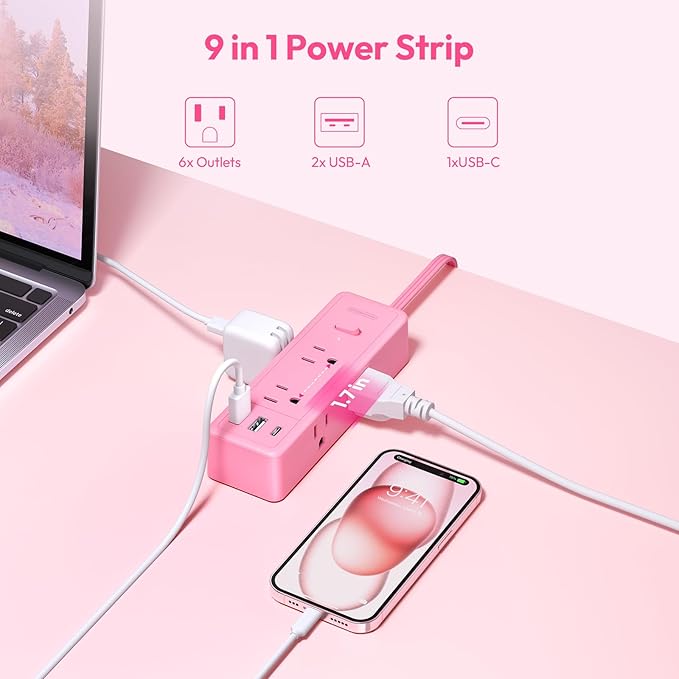 NTONPOWER Pink Extension Cord 15 ft, 1080 Joules Surge Protector Power Strip with 6 Widely Outlets 3 USB (1 USB C), Power Strip Long Cord Flat Plug Extension Cord for Home Office Dorm Room Essentials