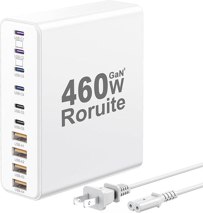 460W USB C Charger Block, 10-Port USB Charging Station GaN III PD Charger Type C & USB A, Dual 65W PC Laptop Fast Adapter for MacBook Pro/Air, iPhone 17, iPad, DELL, Samsung Galaxy, Android - White