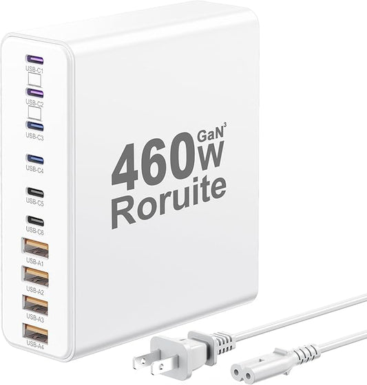 460W USB C Charger Block, 10-Port USB Charging Station GaN III PD Charger Type C & USB A, Dual 65W PC Laptop Fast Adapter for MacBook Pro/Air, iPhone 17, iPad, DELL, Samsung Galaxy, Android - White