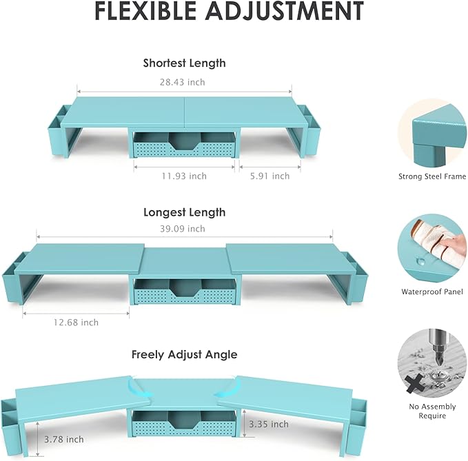 Desk Organizers and Accessories, Dual Monitor Stand Riser with Drawer and 2 Pen Holders, Desk Shelf Metal Computer Monitor Stand for Office Workspace Organizers, Desktop Organization (Blue)