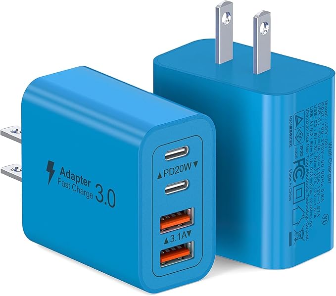 [40W/2Pack] Wall Charger,USB C Charger Block, Multi-Port PD + QC 3.0 Super Fast Charging Power Plug Adapter Brick for Watch Series 9 8 7, iPhone 17 16 15 14 13 Pro Max Airpod, Samsung Galaxy S24(Blue)