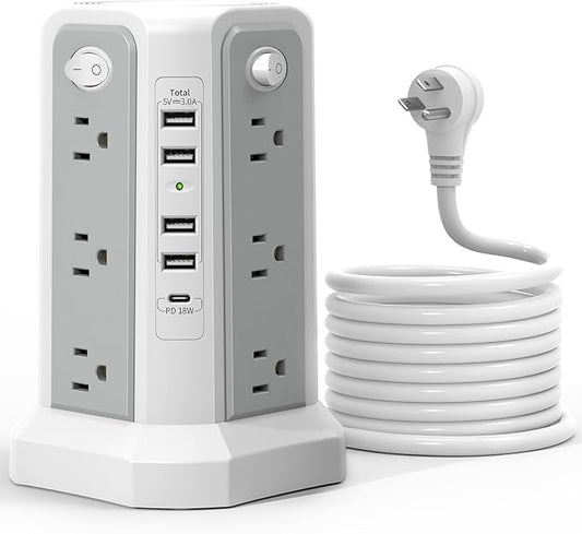 PASSUS 1625W|13A Power Strip with USB C Port, Sugre Protector Tower with Multiple Outlets, 10FT Cord Flat Plug Overload Proetction for Home Office Dormroom Essentials