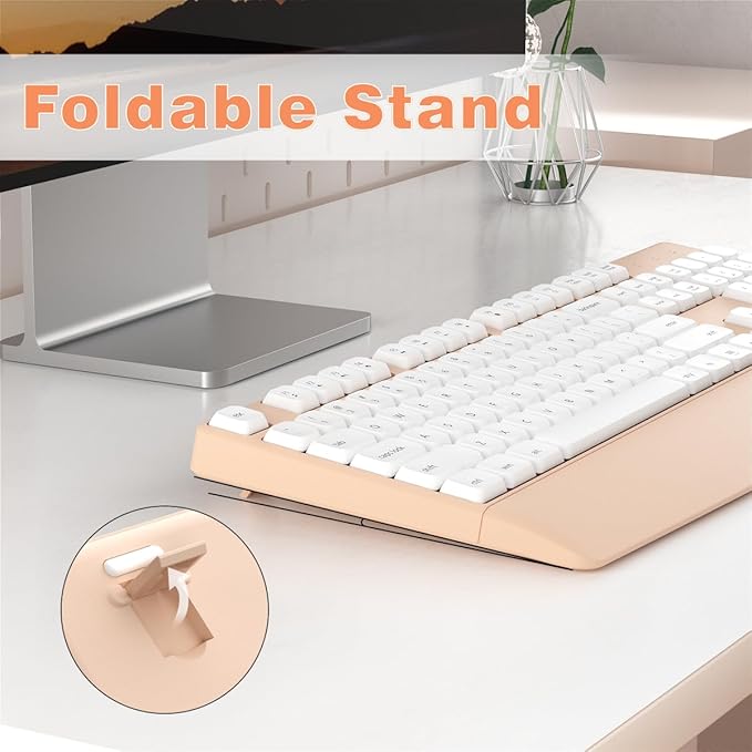 Wireless Keyboard and Mouse Combo, Ergonomic Keyboard with Wrist Rest and Mouse, 2.4Ghz Wireless Connection, Compatible with PC/Laptop/Windows/Mac for Home and Office Use (White Milk Tea)