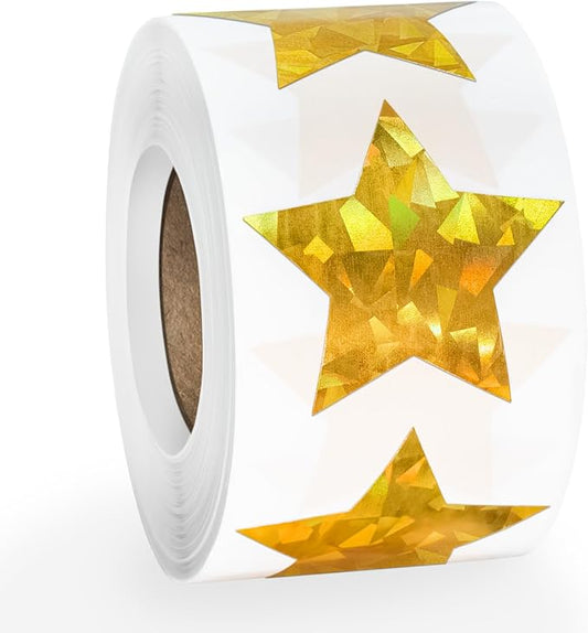500 PCS Holographic Gold Star Stickers, 1.5 inch Self Adhesive Metallic Glitter Foil Stickers Sparkly Star Sticker Reward Behavior Chart Labels for Kids Students Teachers