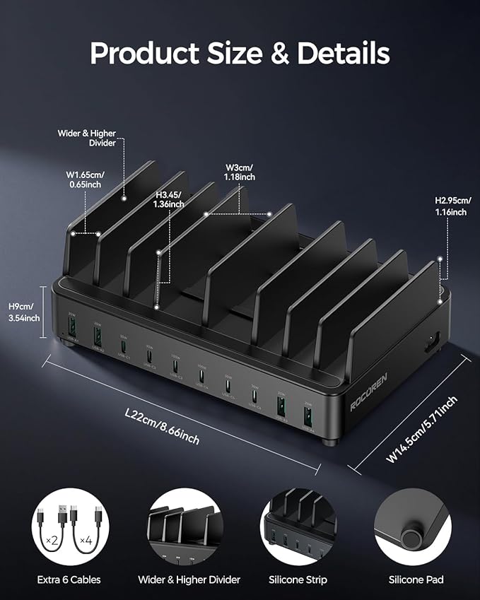400W Charging Station for Multiple Devices, 10 Port Double PD 100W USB C Charging Station with 6 Cables, Multi-Device Organizer Fast Charging Dock for MacBook, iPad, iPhone, Cell Phone, Tablet