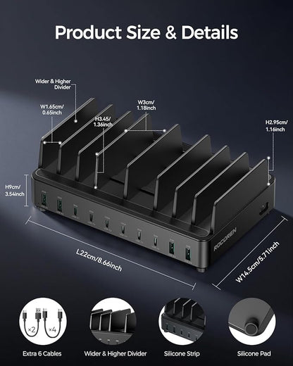 400W Charging Station for Multiple Devices, 10 Port Double PD 100W USB C Charging Station with 6 Cables, Multi-Device Organizer Fast Charging Dock for MacBook, iPad, iPhone, Cell Phone, Tablet