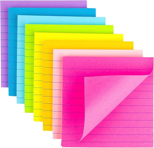 (8 Pack) Lined Sticky Notes 4x4 Bright Stickies Colorful Super Sticking Power Memo Pads, 8 Colors, Strong Adhesive