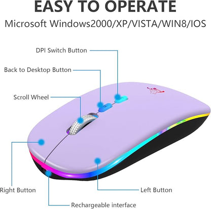 HOTLIFE Wireless Bluetooth Mouse, Slim Rechargeable LED Mouse, 2.4G Portable USB Optical Mouse with USB Receiver and Type C Adapter, Light Purple