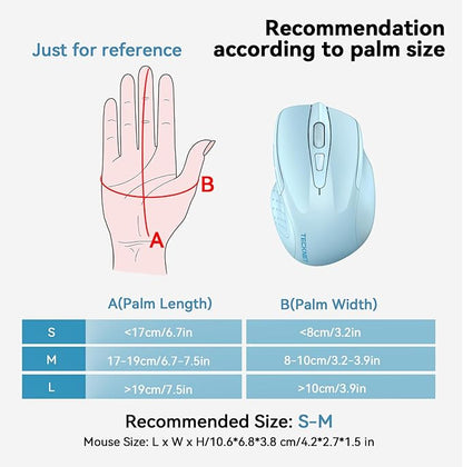 TECKNET Wireless Mouse (BT5.0/3.0 & 2.4G) Rechargeable 4800 DPI Silent USB A & Bluetooth Mouse 6 Buttons, Wide Compatibility - Lightblue