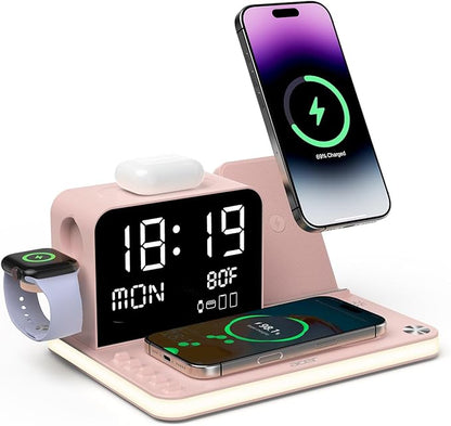 Acer 7-in-1 Wireless Charging Station with LED Clock - 30W Fast Wireless Charger for iPhone 16/15/14/13/12/Pro Max, Apple Watch, AirPods - Bluetooth Auto Time Sync & Night Lights (Pink)