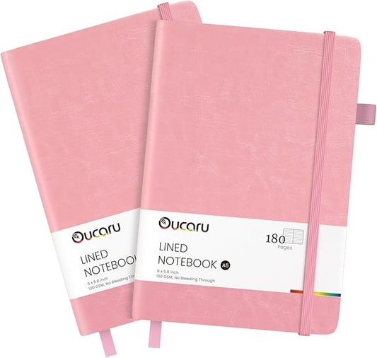 Oucaru Lined Journal Notebook, 2 Pack, 180 Pages, A5 Journals for Writing, 100 GSM Thick Paper, Small Notebooks Daily Journal for Women Men Work, Business, School, Travel Supplies