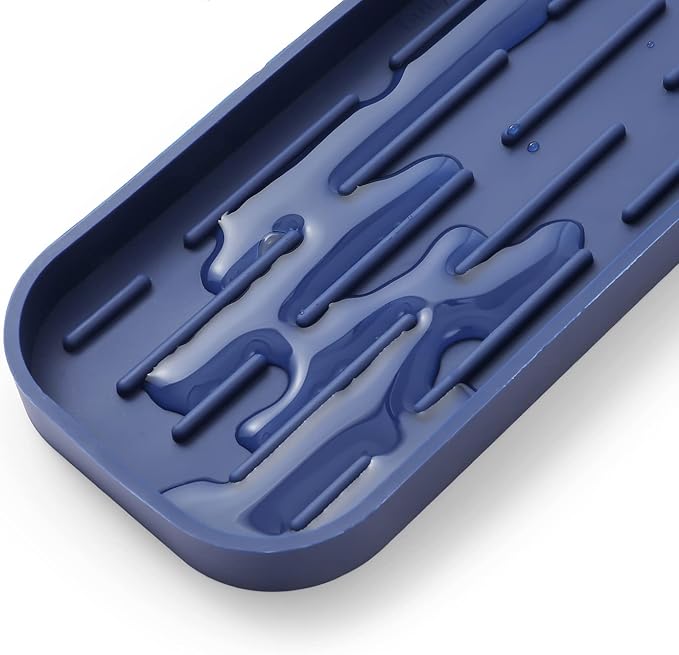 Silicone Kitchen Sink Organizer Tray for Multiple Usage,Eco-Friendly Sponges Holder for Kitchen Bathroom Counter or Sink,Dish Soap Dispenser,Scrubber,Bottle,Cup (Navy Blue, 12"×4")