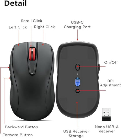 Lenovo USB-C Rechargeable Silent Mouse (WL500) - Silent Buttons, USB-C Rechargeable, Ambidextrous Grip, Adjustable DPI - Plug-and-Play 2.4G Receiver Computer Mouse (Black)