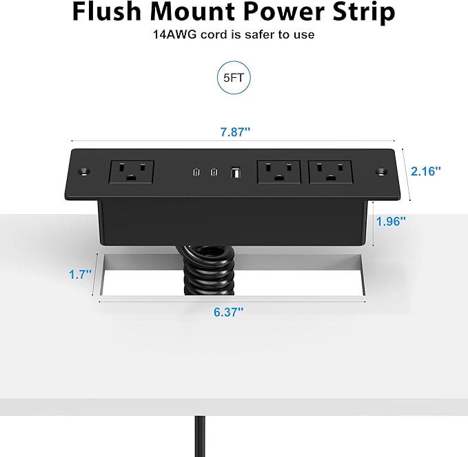 Furniture Drawer Outlet, Recessed Power Strip with (3) PD 20W USB Ports Fast Charging & (3) 15 Amp AC Outlets, (14 AWG) 5 FT Spring Black Cord