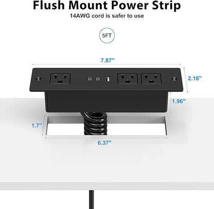 Furniture Drawer Outlet, Recessed Power Strip with (3) PD 20W USB Ports Fast Charging & (3) 15 Amp AC Outlets, (14 AWG) 10 FT Spring Black Cord