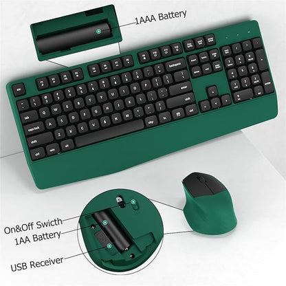 Wireless Keyboard and Mouse Combo, Ergonomic Keyboard with Wrist Rest and Mouse, 2.4Ghz Wireless Connection, Compatible with PC/Laptop/Windows/Mac for Home and Office Use (Black Green)