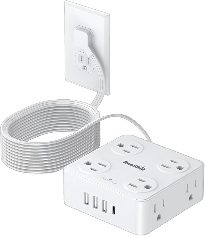 10Ft Power Strip with Surge Protector, 8 Outlets 4 USB Ports Extension Cord, Flat Plug Charging Station for Home Office Desk & College Dorm Essentials, White