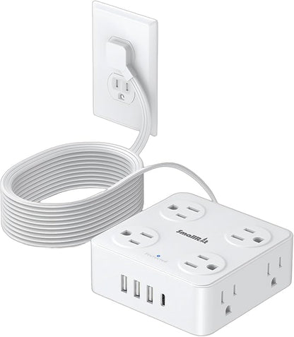 10Ft Power Strip with Surge Protector, 8 Outlets 4 USB Ports Extension Cord, Flat Plug Charging Station for Home Office Desk & College Dorm Essentials, White
