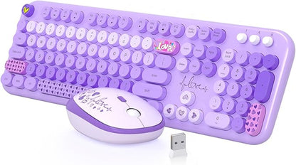 MOFII Keyboard and Mouse Wireless, 104 Round Keys Lovely Full-Size Cute Colorful Keyboard and Mouse with Retro Typewriter for PC/Mac/Laptop/Tablet/Computer/Windows Purple