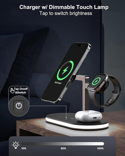 VBA 4 in 1 Wireless Charging Station for Apple MagSafe Charger,Fast Charging Magnetic Wireless Charger Stand with Night Light for iPhone 17 Air 16 15 14 13 12 Series,Apple Watch,AirPods Pro (Black)