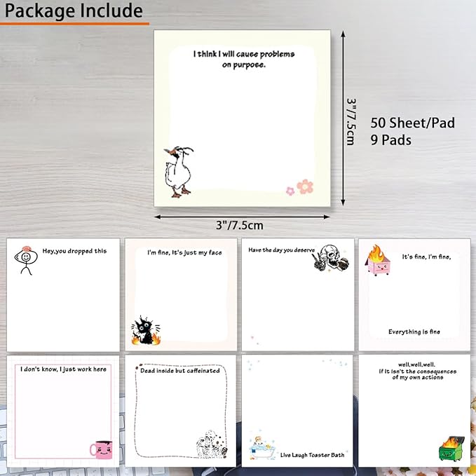 Funny Sticky Notes, 3"x3" Self-Stick Note Pads, 18 Pads, 50 Sheets/Pad, Total 900 Sheet for Home, Coworkers, Office and School Supplies
