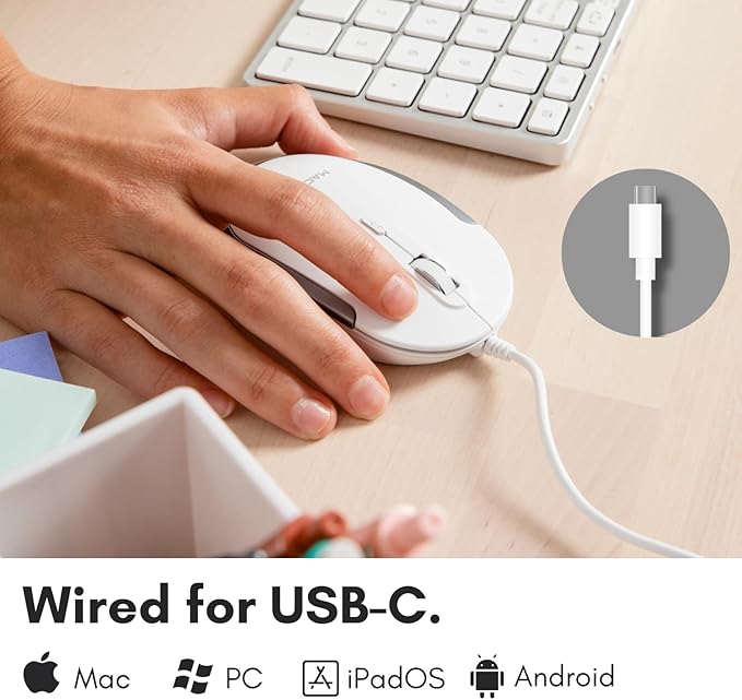 Macally Wired USB C Mouse for Mac & Windows - 3 Button & Scroll Wheel USB Type C Mouse - Comfortable Ambidextrous Design - Compact Wired Mouse with Optical Sensor & DPI Switch 800/1200/1600/2400