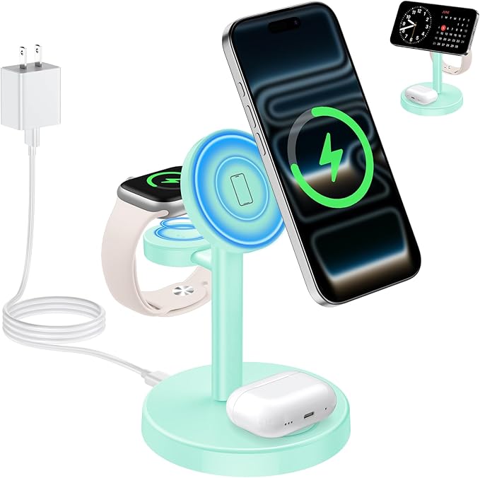 2026 3 in 1 Wireless Charging Station Compatible with MagSafe, 15W Fast Magnetic Mag-Safe Charger Stand for Apple iPhone 17 16 15 14 13 12 iWatch AirPods Pro 4 3 2, LightGreen