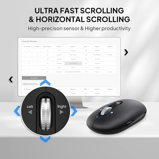 Multi-Device Bluetooth Mouse (BT1/BT2 + 2.4G), Small Slim Travel Mouse, 4-Way Metal Scroll Wheel, Silent Click, 4-Levels Adjustable DPI, for Laptop Tablet iPadOS Mac (Black)