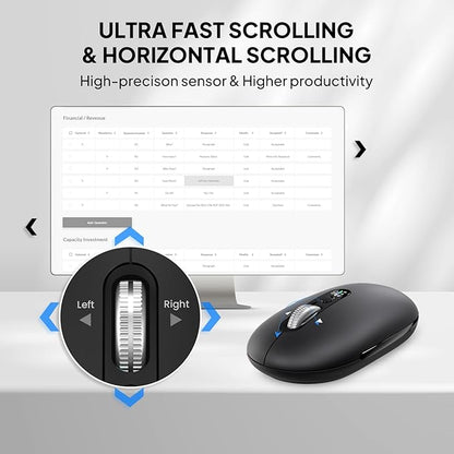 Multi-Device Bluetooth Mouse (BT1/BT2 + 2.4G), Small Slim Travel Mouse, 4-Way Metal Scroll Wheel, Silent Click, 4-Levels Adjustable DPI, for Laptop Tablet iPadOS Mac (Black)