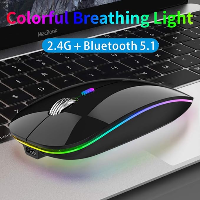 TENMOS Wireless Bluetooth Mouse, LED Slim (Bluetooth 5.1 + USB) 2.4GHz Rechargeable Silent Bluetooth Wireless Mouse with Type C Adapter for Laptop/MacBook/iPad OS 13 and Above (Black)