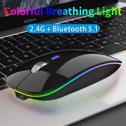 TENMOS Wireless Bluetooth Mouse, LED Slim (Bluetooth 5.1 + USB) 2.4GHz Rechargeable Silent Bluetooth Wireless Mouse with Type C Adapter for Laptop/MacBook/iPad OS 13 and Above (Black)