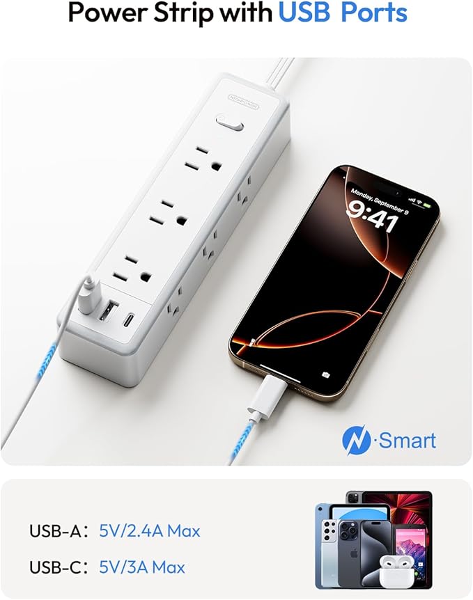 Flat Extension Cord 15 FT, Surge Protector Power Strip with 9 Widely Outlets and 3 USB (1 USB-C), Extension Cord with Multiple Outlets, 1080 Joule, Wall Mount, for Home Office, Dorm,White