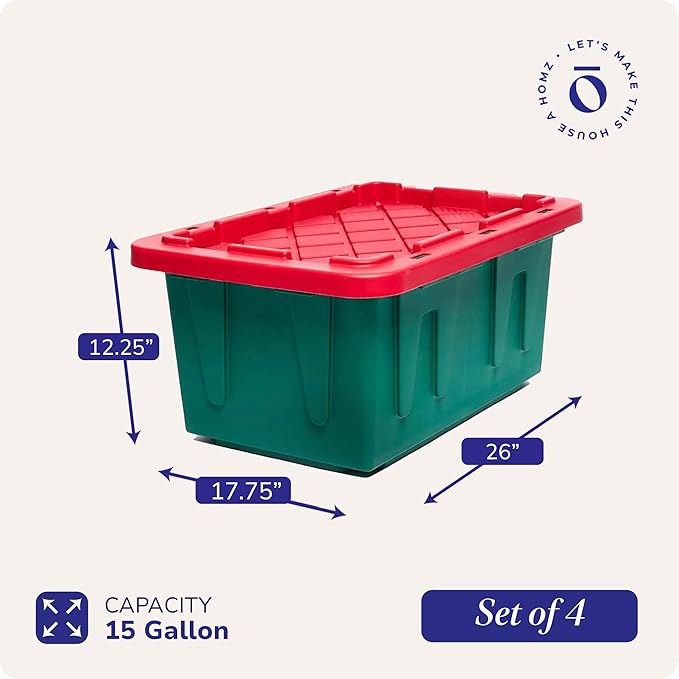 HOMZ 4-Pack Durabilt Tote, Heavy Duty Plastic Storage Bins with Lids, 15 Gallon, Green/Red - Stackable Organizing Containers for Home, Garage, and Office